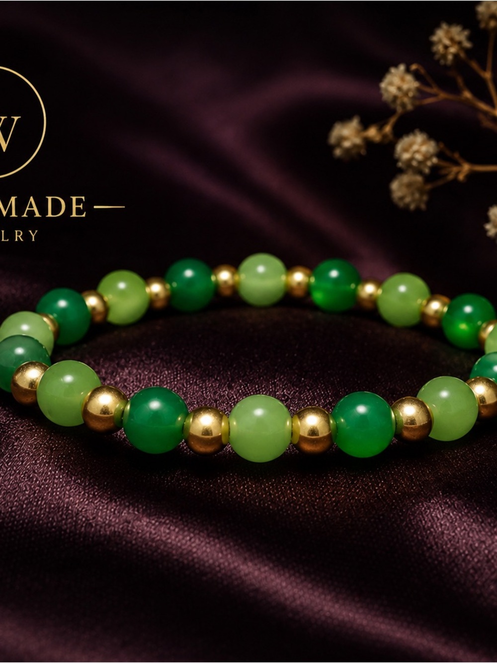 Hand Crafted Green Jade and Gold Bead Bracelet